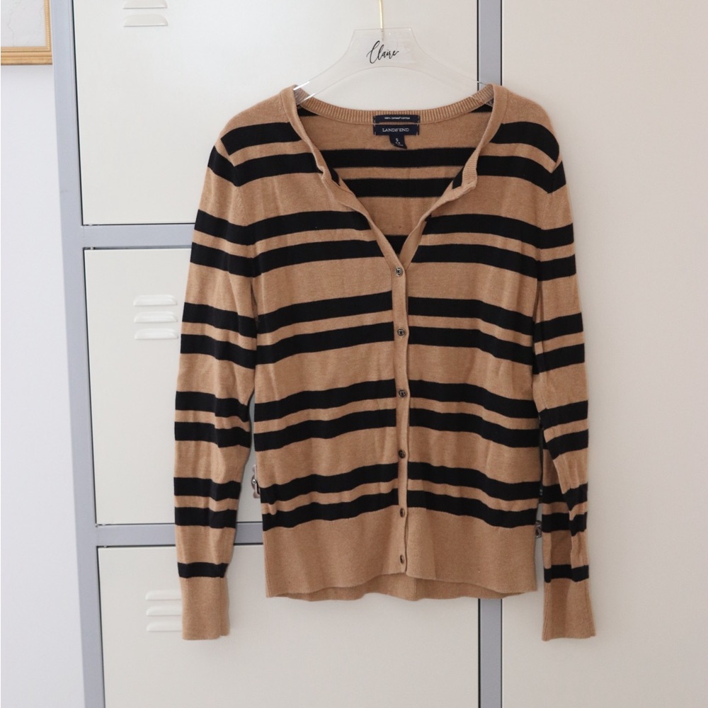 Lands End Cotton Cardigan Camel & Black Stripes